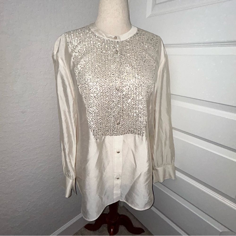RICH RADI Q’S Sequins Embellished Bib Button Front Long Sleeve Blouse Shirt Top